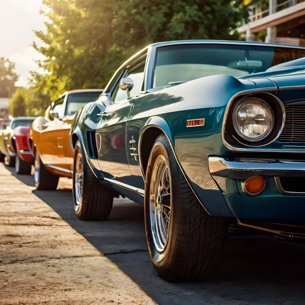 Classic cars lined up on a scenic street