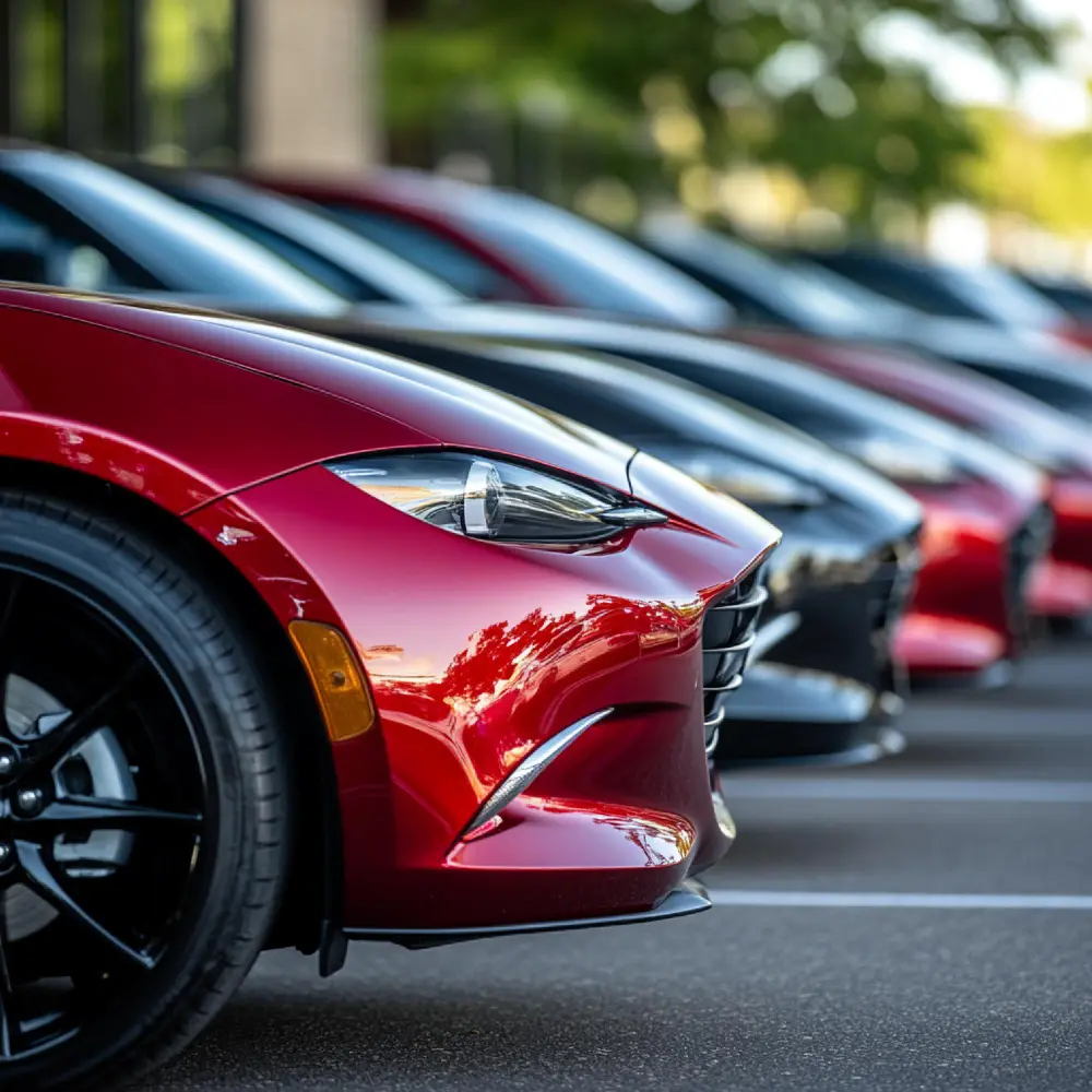 Sports cars lined up in a rental fleet