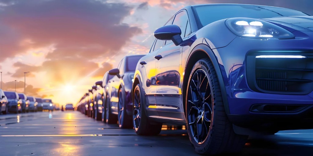 Fleet of rental SUVs at sunset